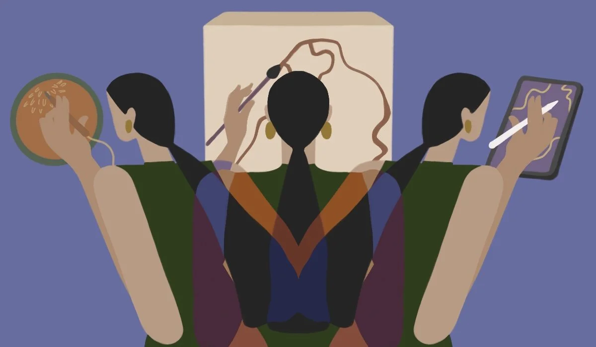 Illustration of a person with three arms engaged in different activities: holding a bowl, painting on a canvas, and using a digital tablet, on a purple background.