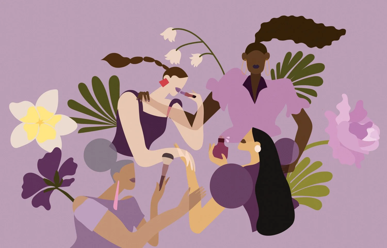 Abstract illustration of women with flowers and makeup on a purple background.