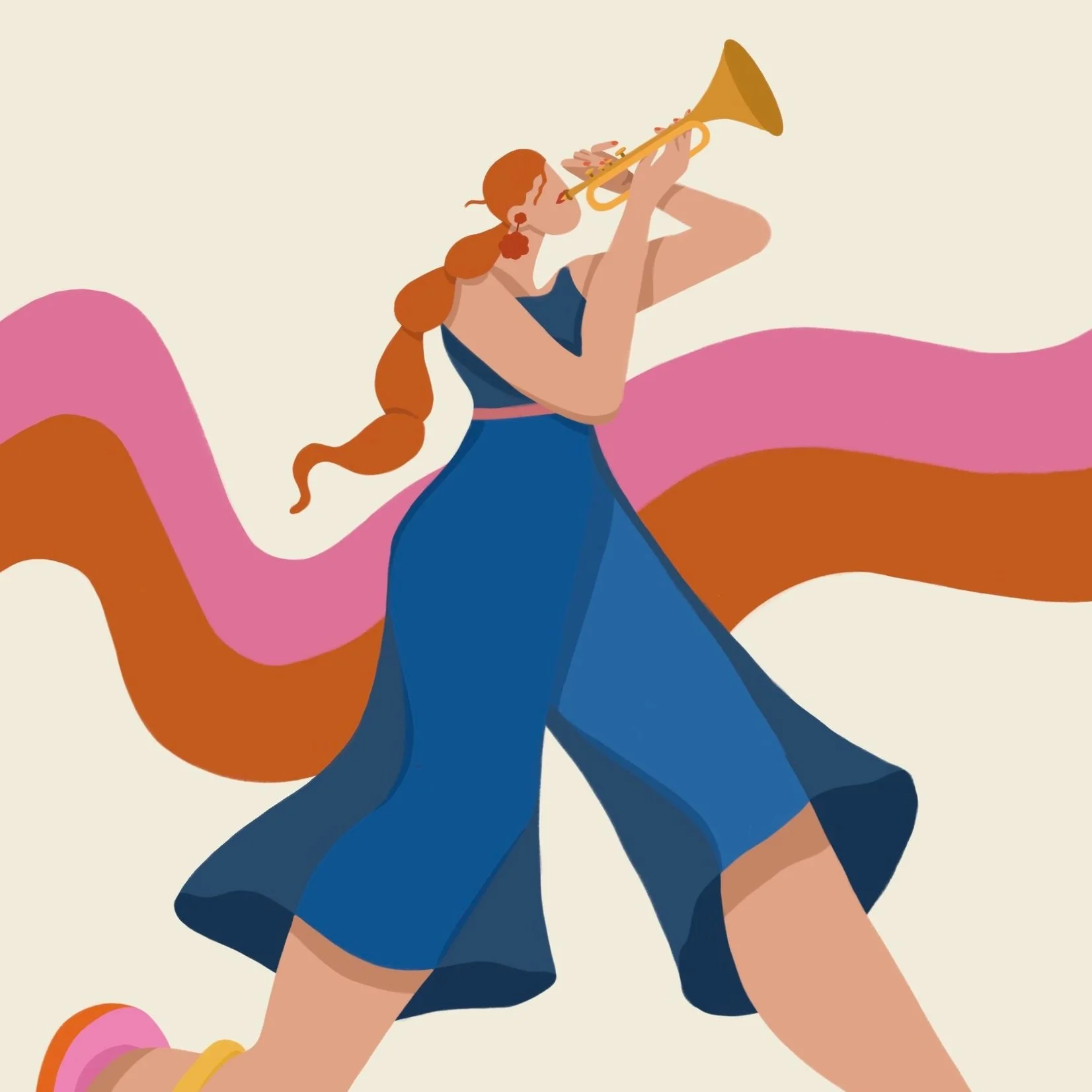 Illustration of a person with long red hair playing a trumpet, wearing a blue dress, and walking with colorful ribbons in the background.