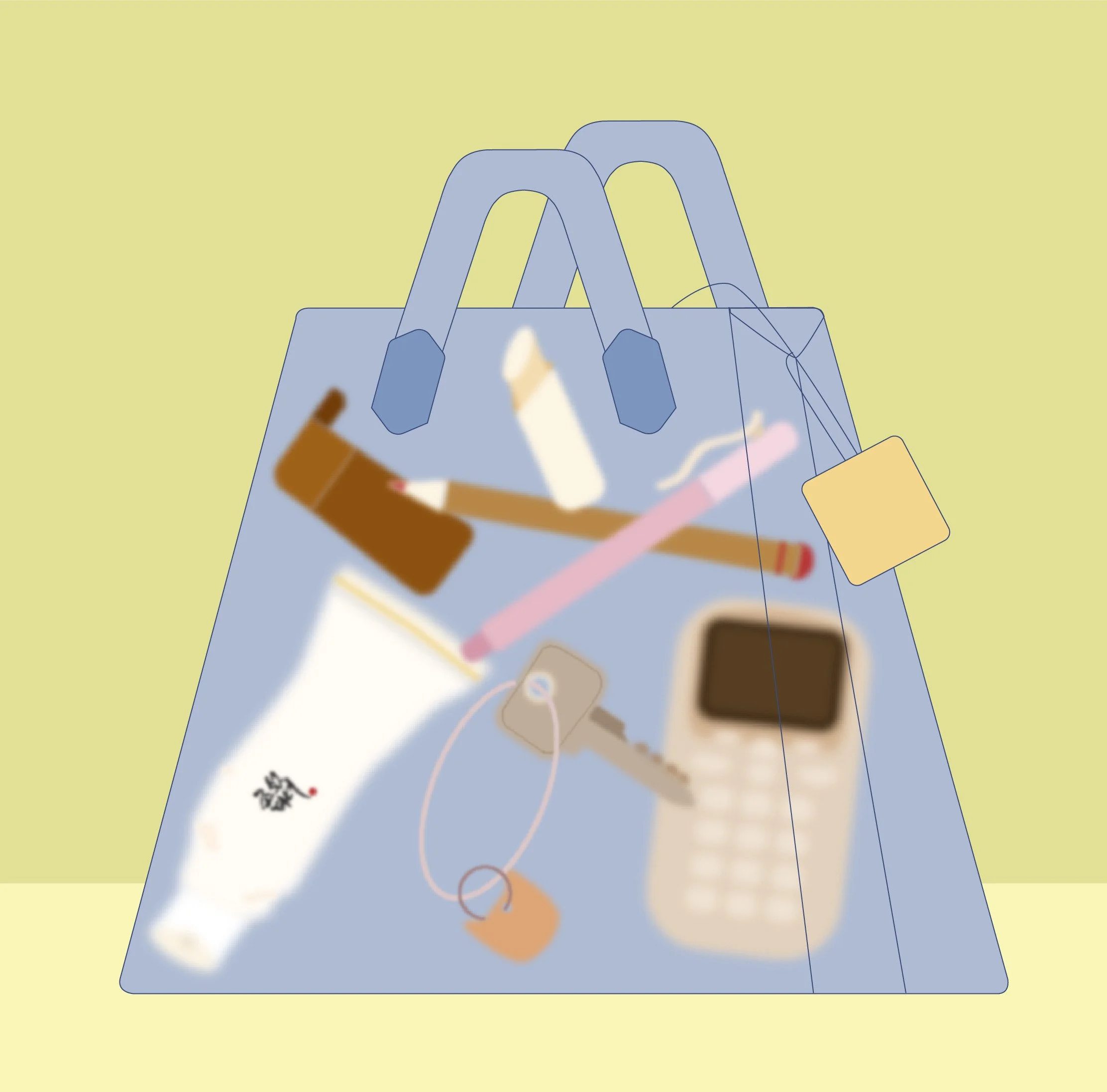 Illustration of a transparent tote bag containing items like a lipstick, key, pencil, lotion tube, and a mobile phone on a light background.