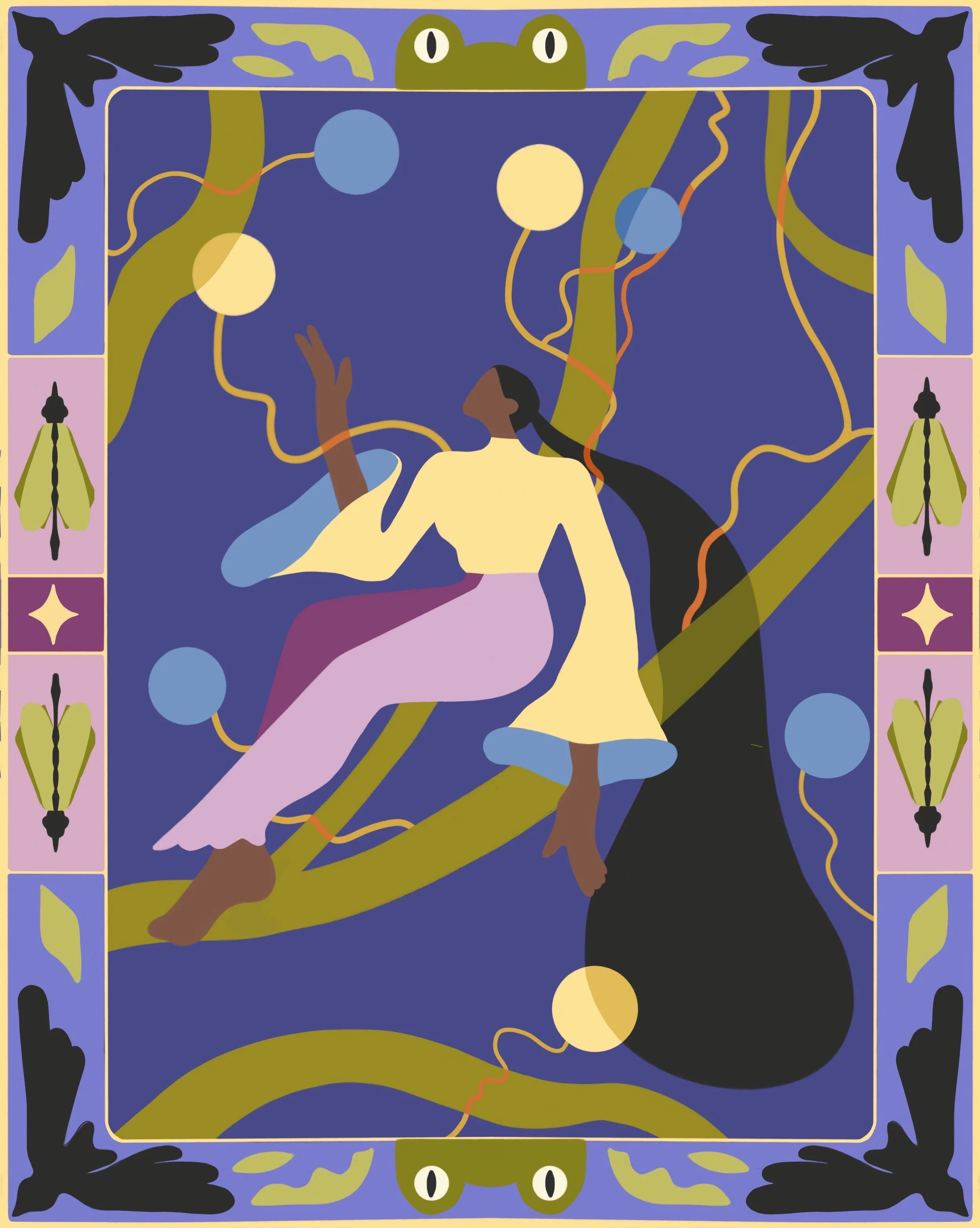 Colorful abstract illustration of a person in a yellow and purple outfit, sitting on green branches with circular shapes and lines. Surrounded by a decorative frame with symbols and eyes.