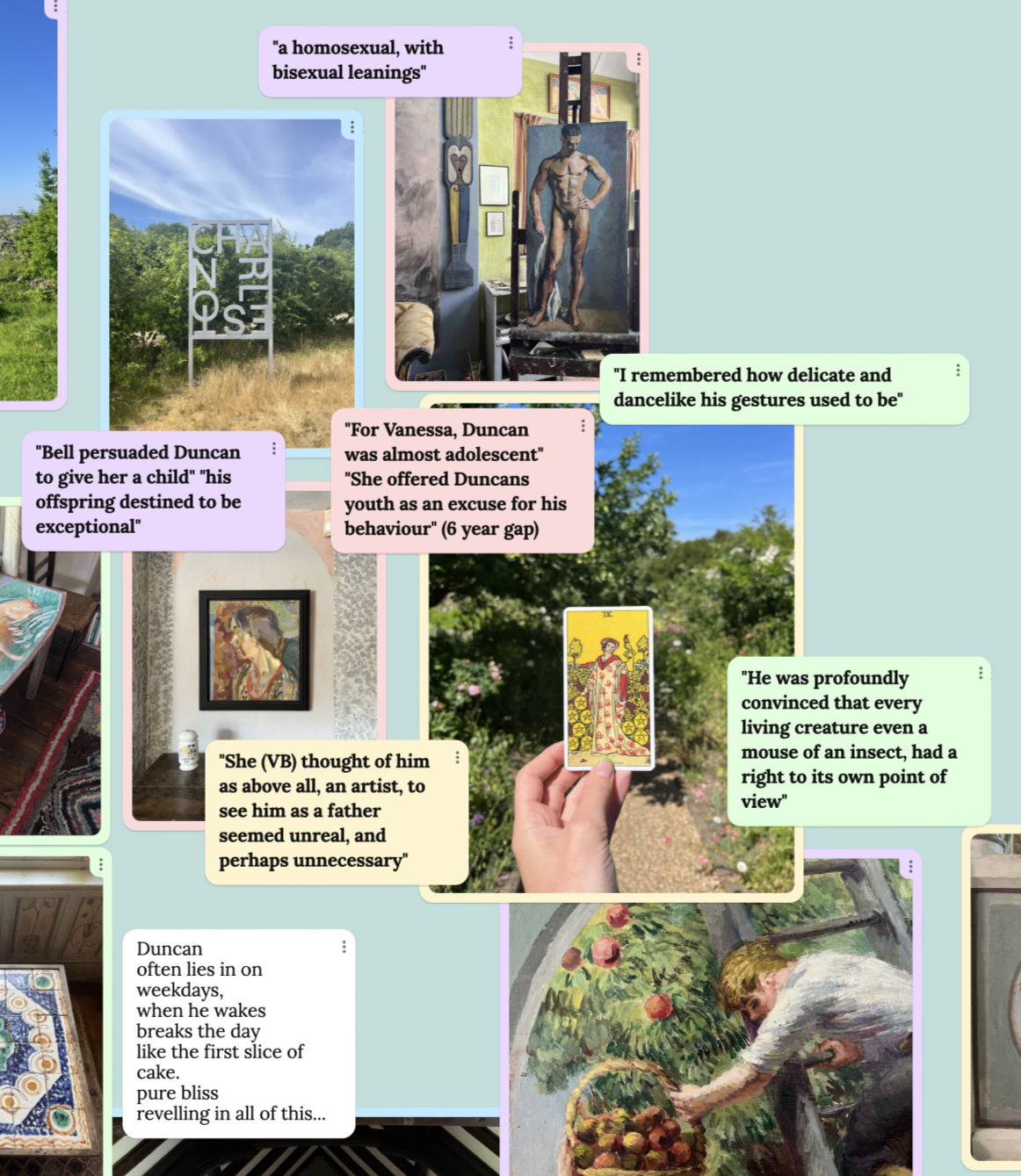 Close up of artwork created as part of unweeded with Zara sands and Kim Thompson. Collage work that explores the life and work of Duncan Grant as an artist, conscientious objector, father, friend and lover.