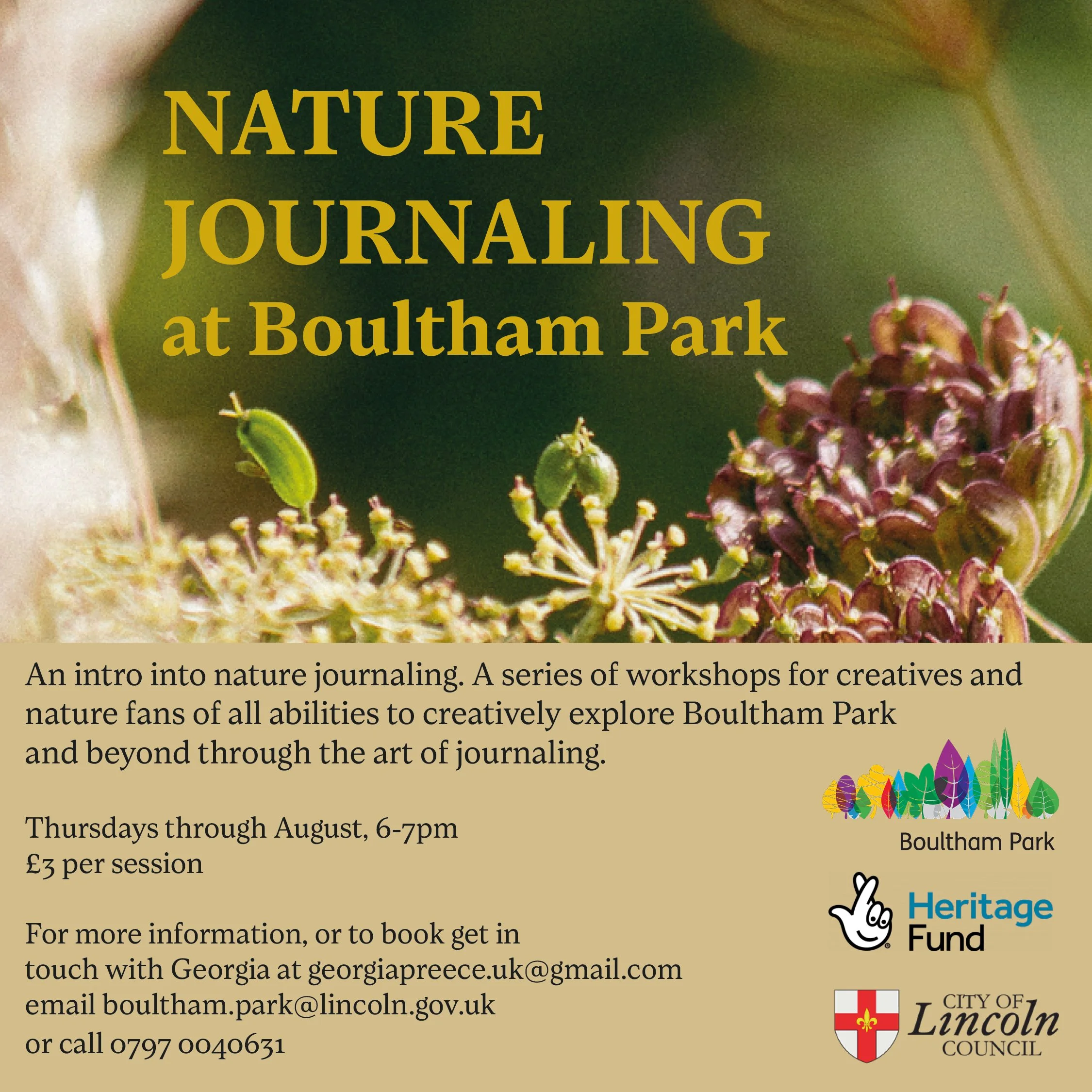 Poster advertising a nature journaling workshop at Boultham Park with a background photo of plants and flowers, and text details about the event, including schedule, cost, and contact information.