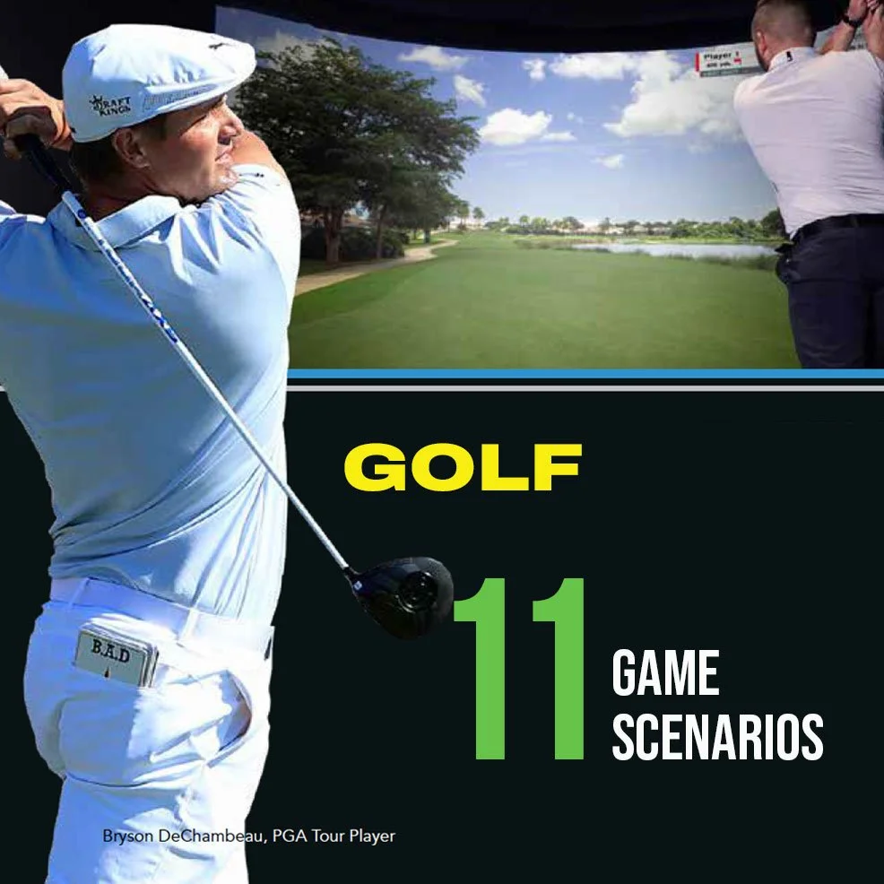 Cover of a golf strategy guide featuring a male golfer in white attire and cap, holding a golf club, with a golf course in the background. The text highlights 'Golf 11 Game Scenarios' and mentions Bryson DeChambeau, PGA Tour Player.