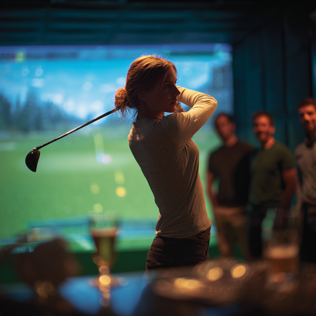 A woman with red hair playing golf indoors in front of a large screen showing a golf course, with three men watching her.