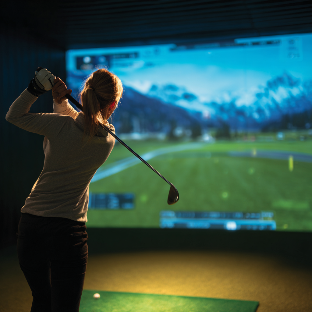 A woman practicing golf indoors on a simulator with a screen displaying a scenic mountain landscape.