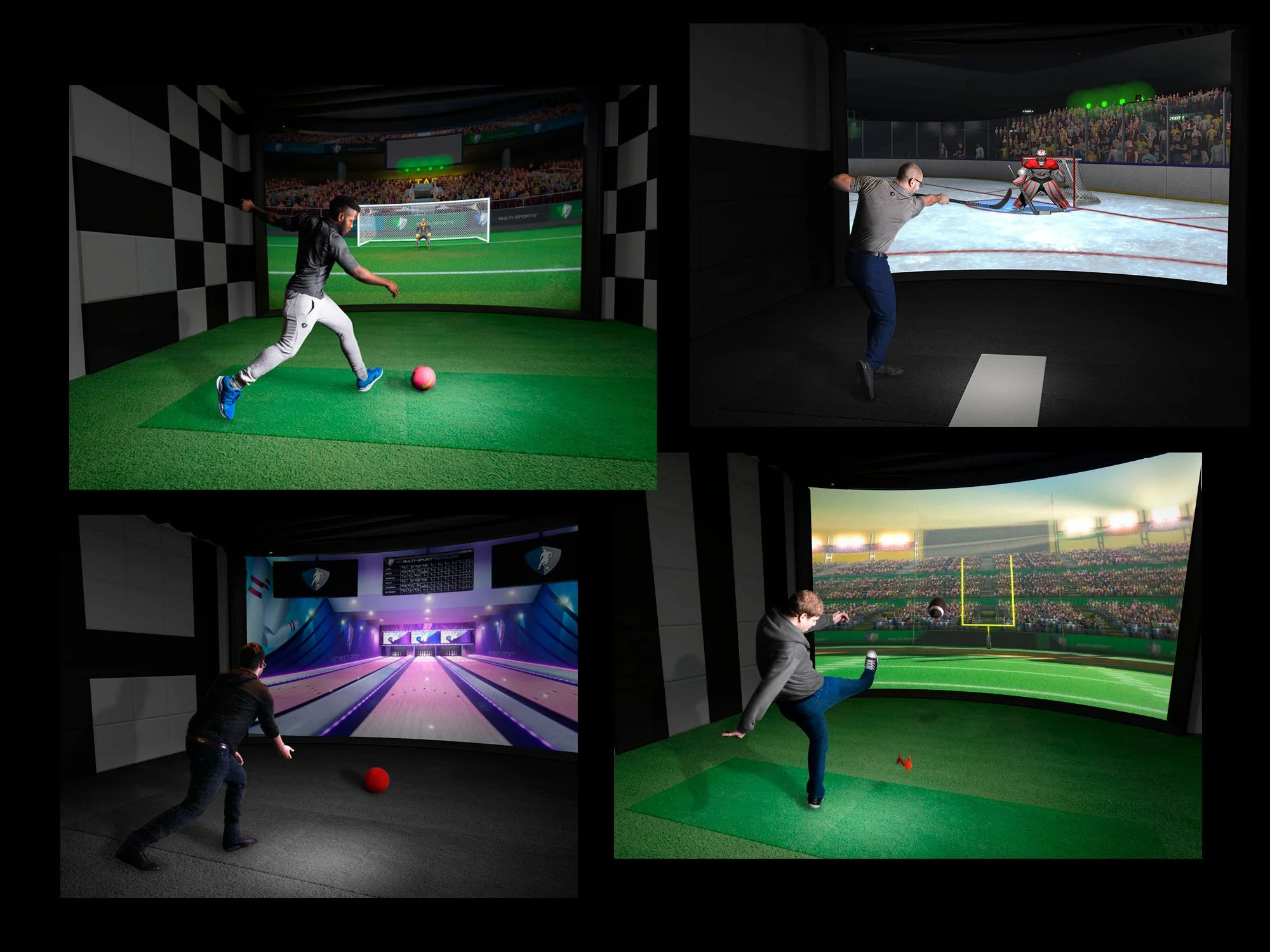 Collage of images depicting various sports activities in simulators, including soccer penalty kicks, ice hockey, bowling, and football, with virtual audiences and stadium backgrounds.