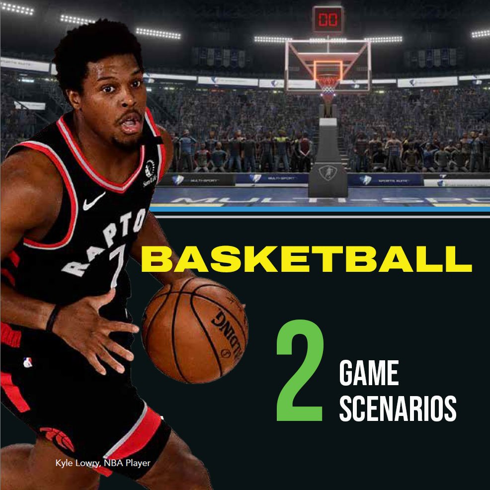 A basketball player in a Raptors uniform holding a basketball on a basketball court with a stadium background, overlaid with text that says 'Basketball 2 Game Scenarios'.