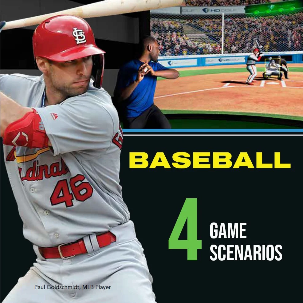 Cover image of a sports book titled 'Baseball 4 Game Scenarios'. Features a baseball player in a St. Louis Cardinals uniform holding a bat, and a digital baseball game screen with a batter, pitcher, and crowd in the background.