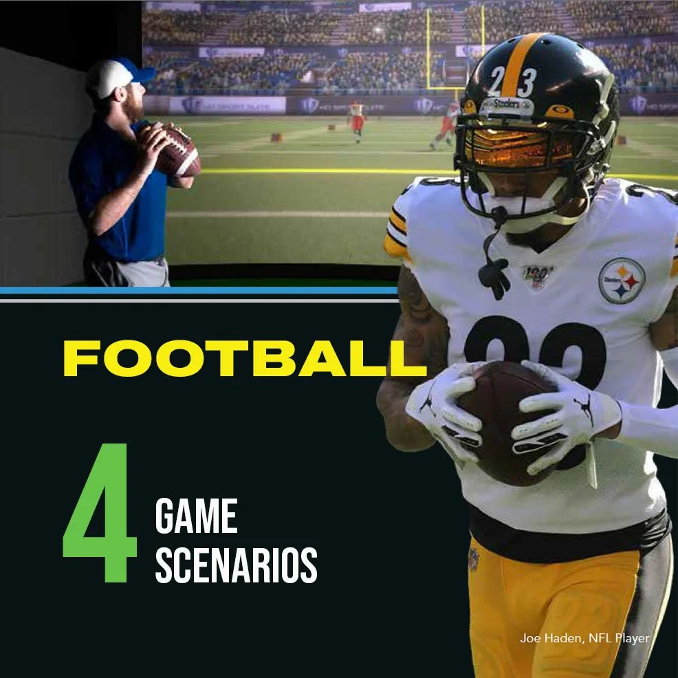 A football player in a white uniform holding a football and wearing a helmet stands on the field, with a football game in progress in the background. A person in a blue shirt and cap is preparing to throw a football near the sideline.