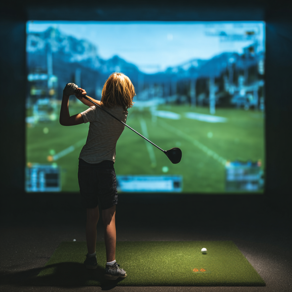 A young girl with blonde hair is playing indoor golf in front of a large screen showing a virtual golf course. She is in the process of swinging a golf club.