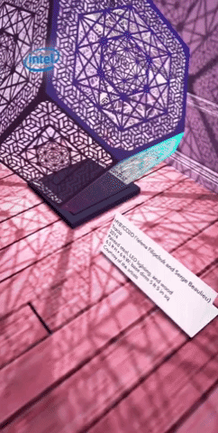 Decorative lanterns with intricate geometric patterns casting shadows on a pink wooden surface, with an Intel sticker and a white label featuring text.