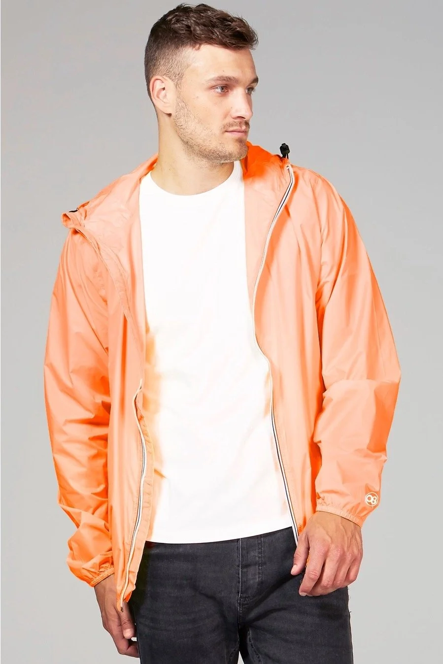 O8 Lifestyle Orange Fluo Full Zip Packable Rain Jacket & Windbreaker