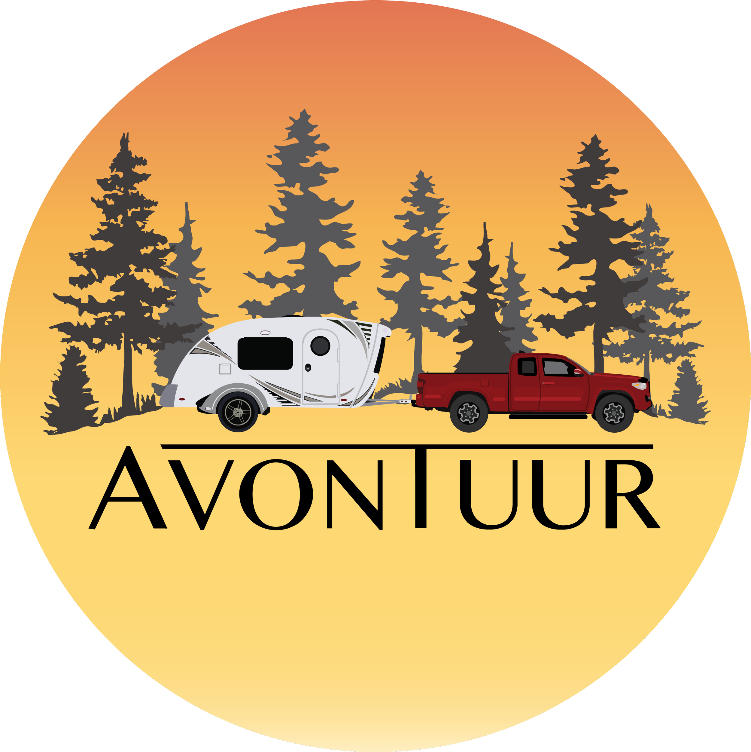A logo with a sunset background, silhouette of trees, a travel trailer hitched to a red truck, and the word 'AVONTUUR' at the bottom.