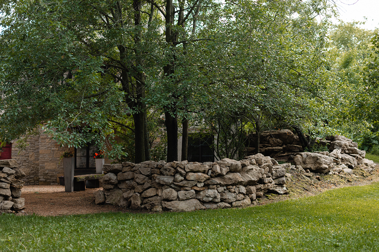 Stone wall along an outside courtyard.