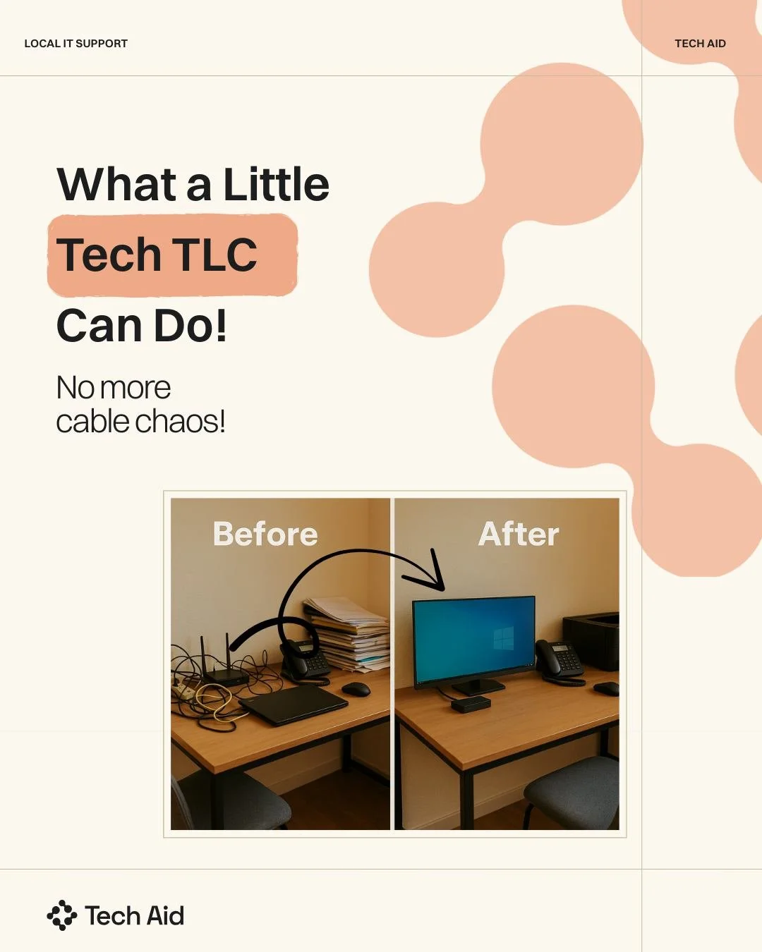 I know not everyone gets excited about a tidy tech setup... but I honestly do.

This week I&rsquo;ve been helping a few local businesses sort out their gear, quicker Wi-Fi, no more syncing problems, regular backups, and way less cable chaos.

Nothing