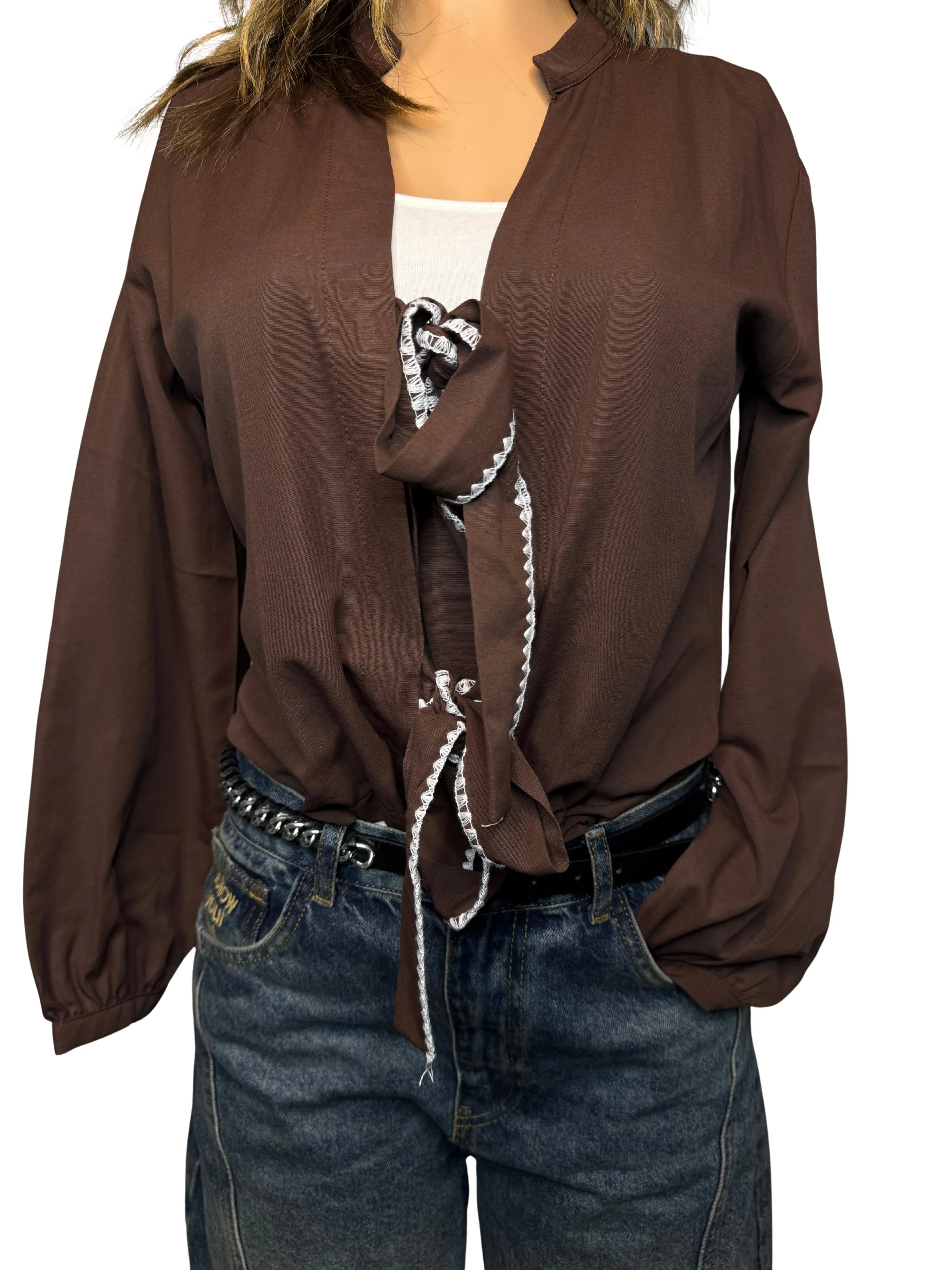 Chic Brown Double-Tie Blouse