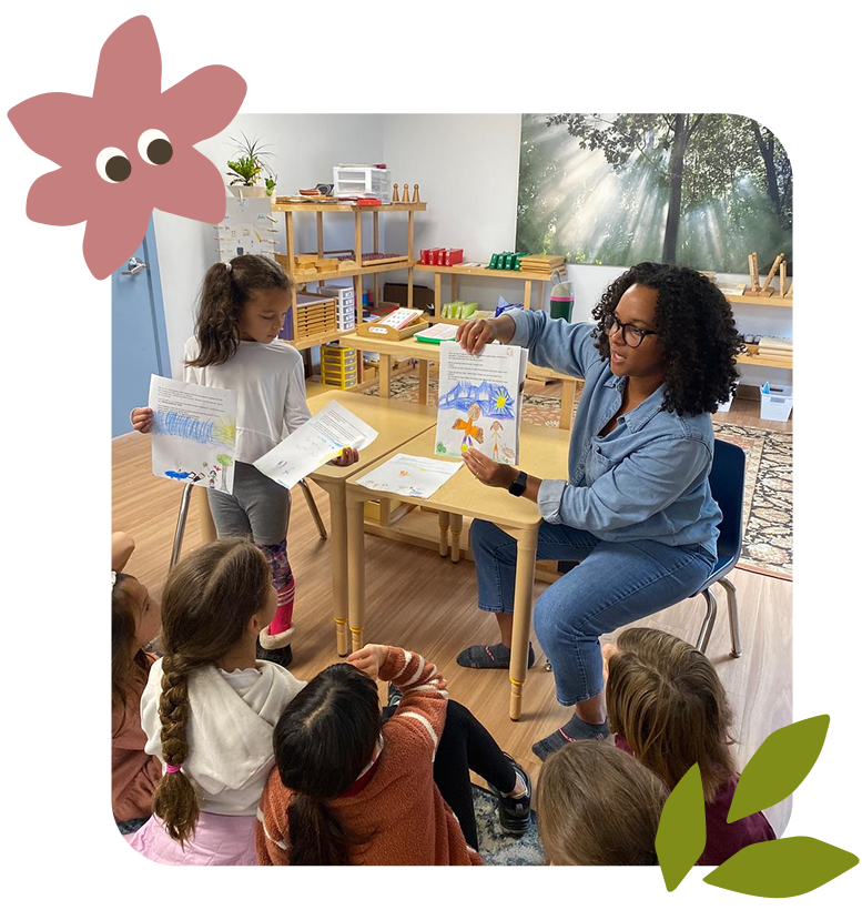 A teacher reading a colorful children's story to a group of children in a classroom with shelves and a nature-themed mural in the background.