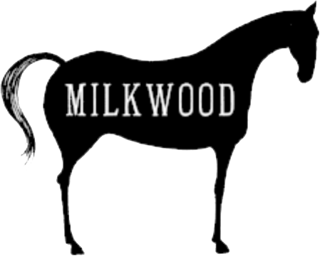 Silhouette of a horse with the word 'MILKWOOD' written inside its body.