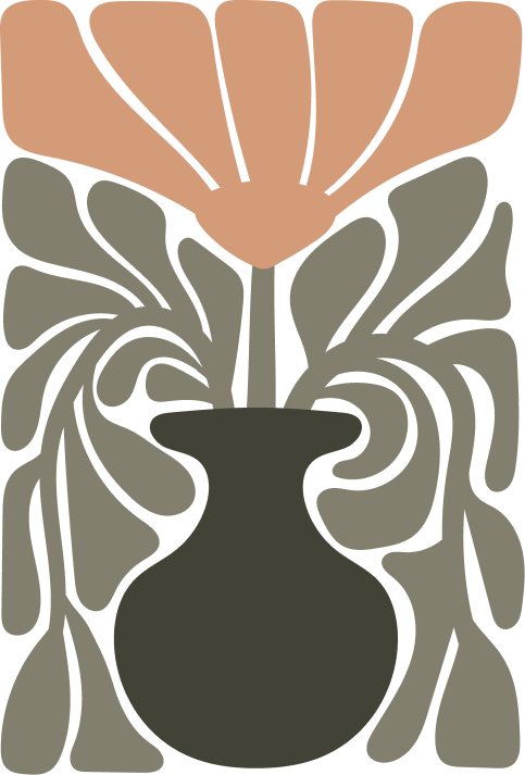 Stylized illustration of a flower in a vase with abstract leaves.