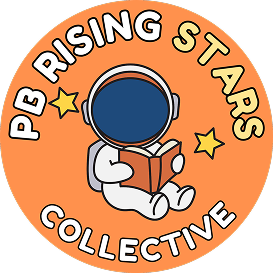 A logo with an orange circular background featuring a character with a headset sitting and reading a book. The text around the logo reads 'PB Rising Stars Collective' with two stars.