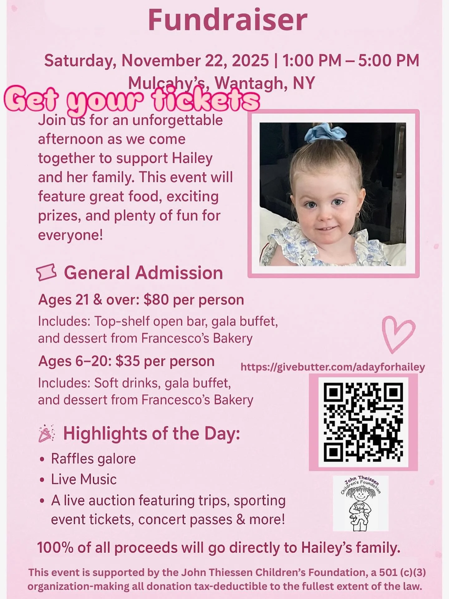 Here it is! Tickets for our November fundraiser are on sale now! Please join us as we come together to support our girl while continuing to raise awareness for AGS. We are looking forward to a fun filled event of music, food,raffles, and live auction