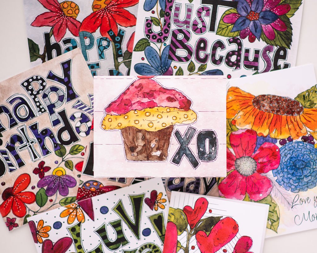 Colourful original watercolour greeting cards and notecards by Hannie Art Studio in a joyful whimsical collection.