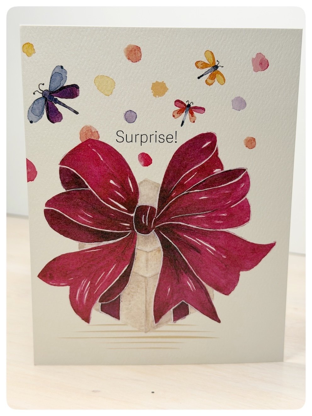Surprise gift bow greeting card with original watercolour dragonflies and confetti by Hannie Art