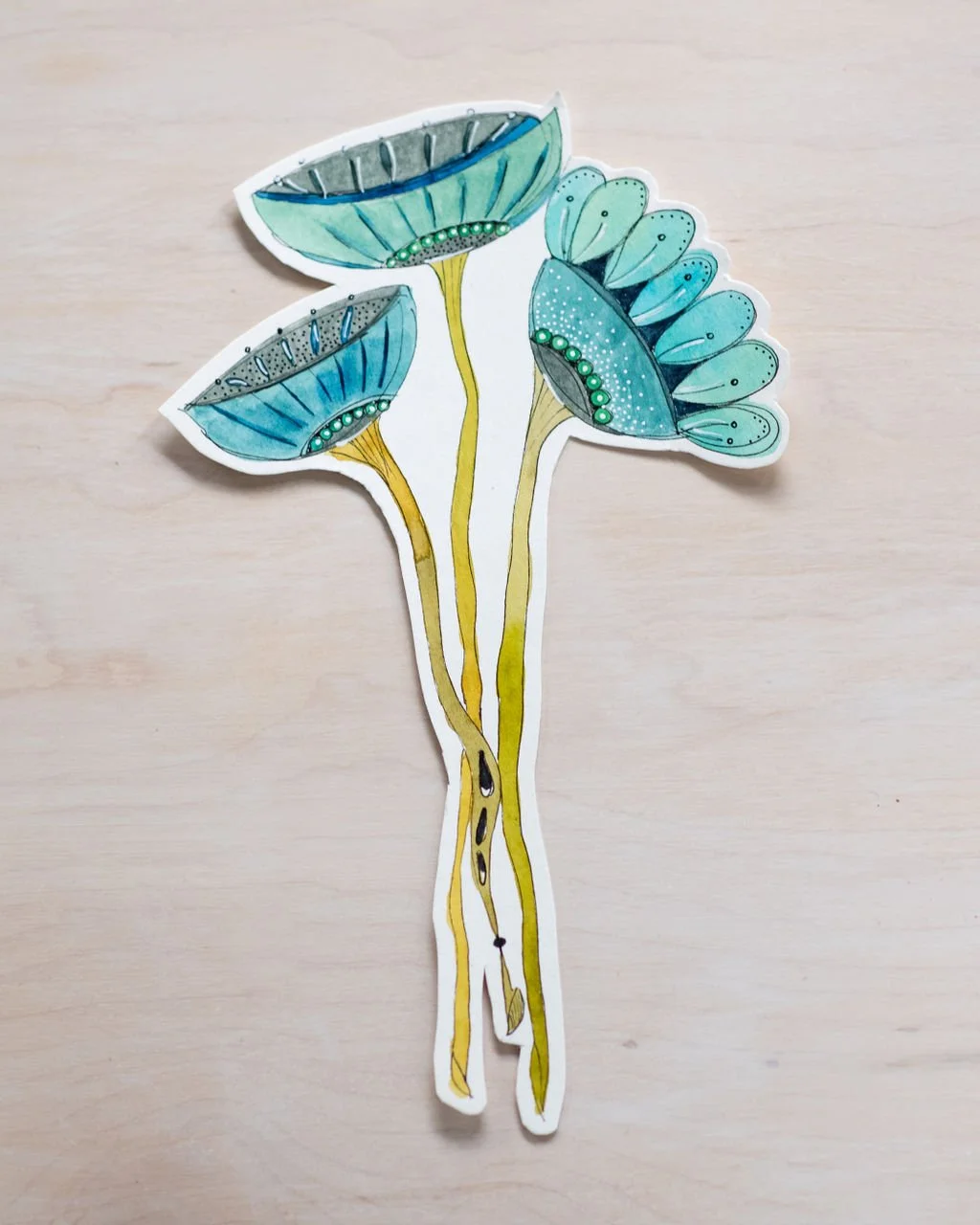Joyful Whimsy blue and turquoise watercolour floral place-setting decoration with three stylized blooms by Hannie Art Studio