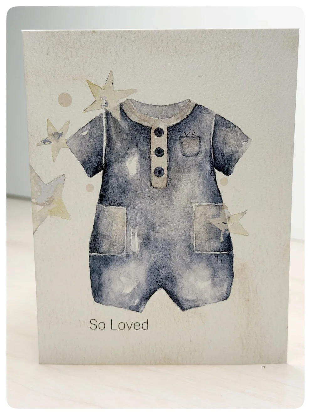 Baby boy romper greeting card with original watercolour star artwork by Hannie Art