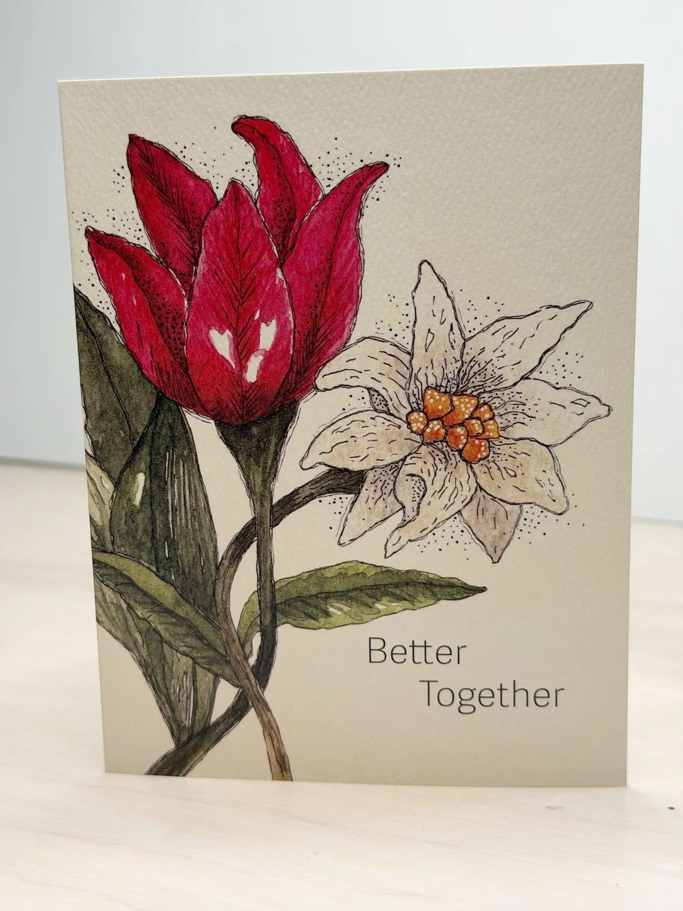 Better Together wedding and anniversary greeting card with watercolour tulip and edelweiss artwork by Hannie Art