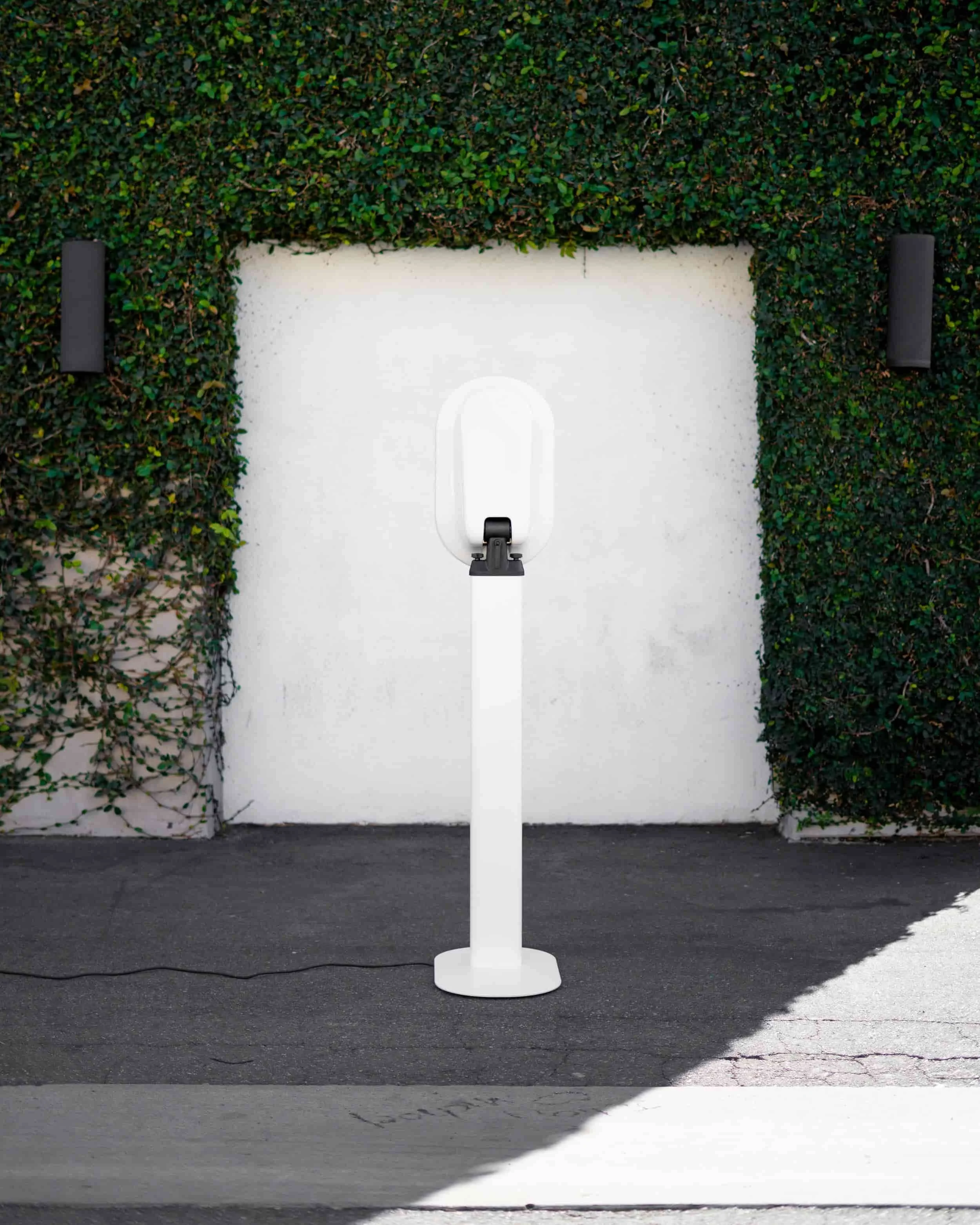 A white electric vehicle charging station with a black charger mounted on a white pole, set against a white wall and surrounded by green ivy plants.