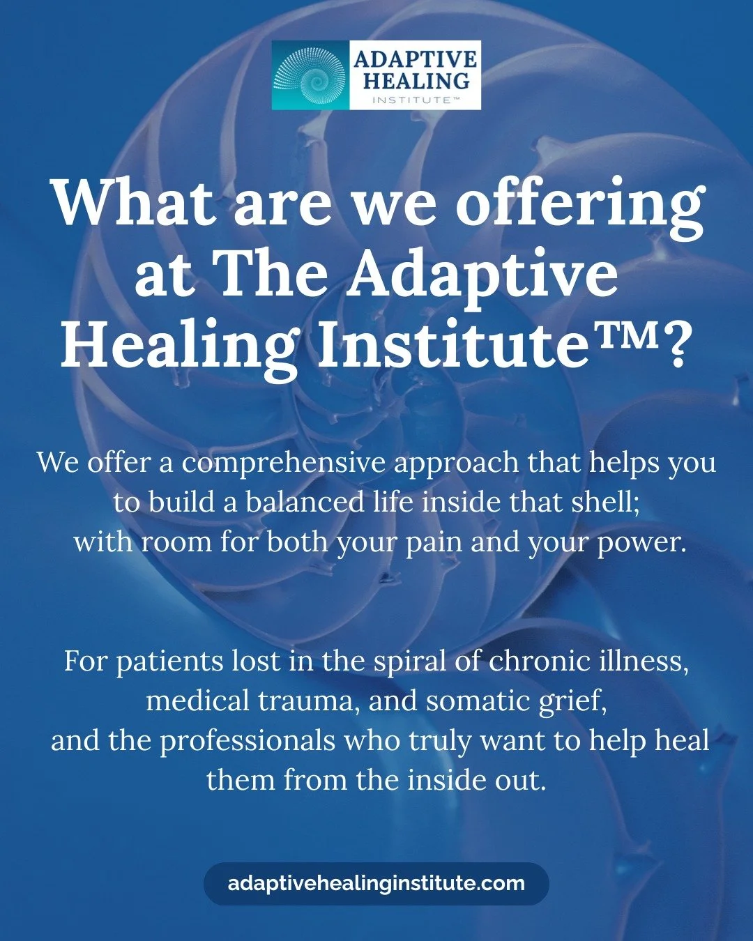 𝐖𝐡𝐚𝐭 𝐚𝐫𝐞 𝐰𝐞 𝐨𝐟𝐟𝐞𝐫𝐢𝐧𝐠 𝐚𝐭 𝐓𝐡𝐞 𝐀𝐝𝐚𝐩𝐭𝐢𝐯𝐞 𝐇𝐞𝐚𝐥𝐢𝐧𝐠 𝐈𝐧𝐬𝐭𝐢𝐭𝐮𝐭𝐞&trade;?

More than education. More than tools.
We offer a whole-person framework to help you build a balanced life inside the shell&mdash;with room f