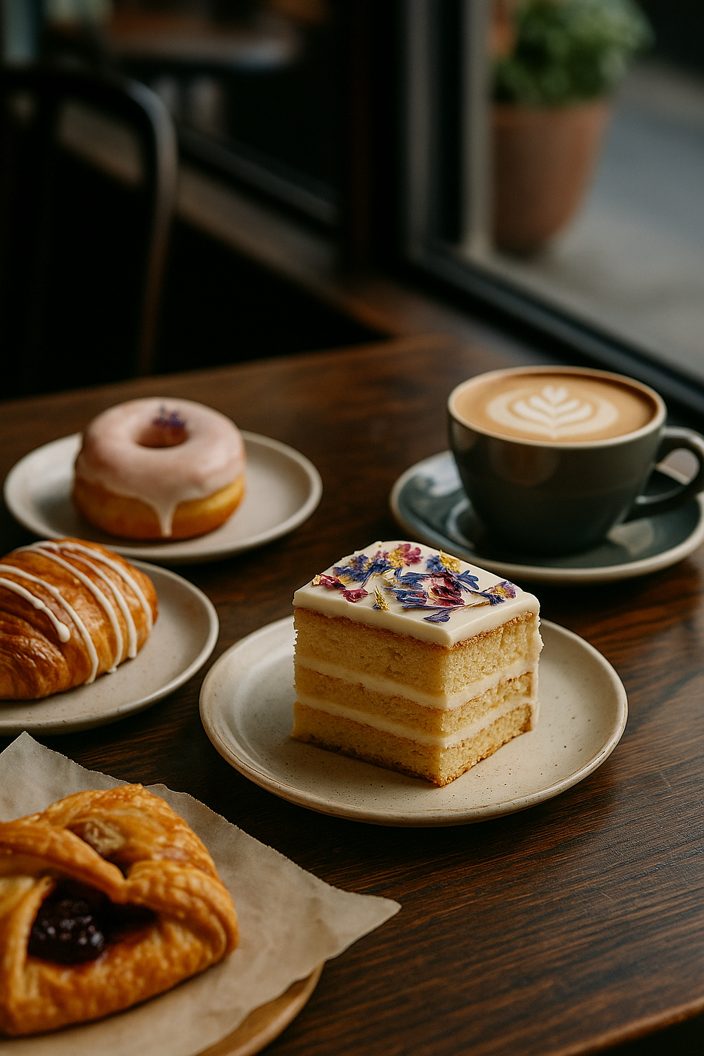 Assorted desserts and coffee on a wooden table near a window, including a layered cake with edible flowers, a glazed donut, a croissant with icing, a pastry with jam, and a latte with latte art.