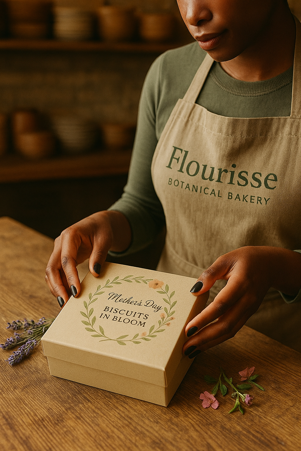 A woman wearing a Flourisse Botanical Bakery apron holding a box of Biscuits in Bloom for Mother's Day, with lavender and pink flowers on a wooden table.