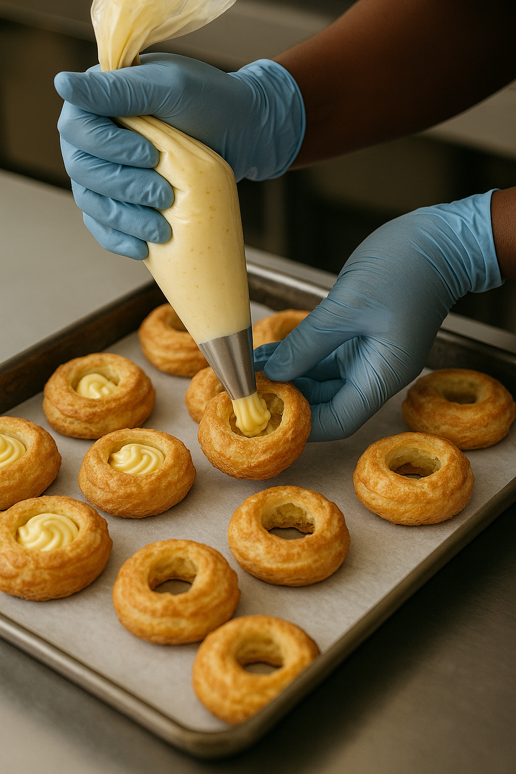 A person wearing blue gloves piping yellow custard into glazed donut holes on a baking sheet.