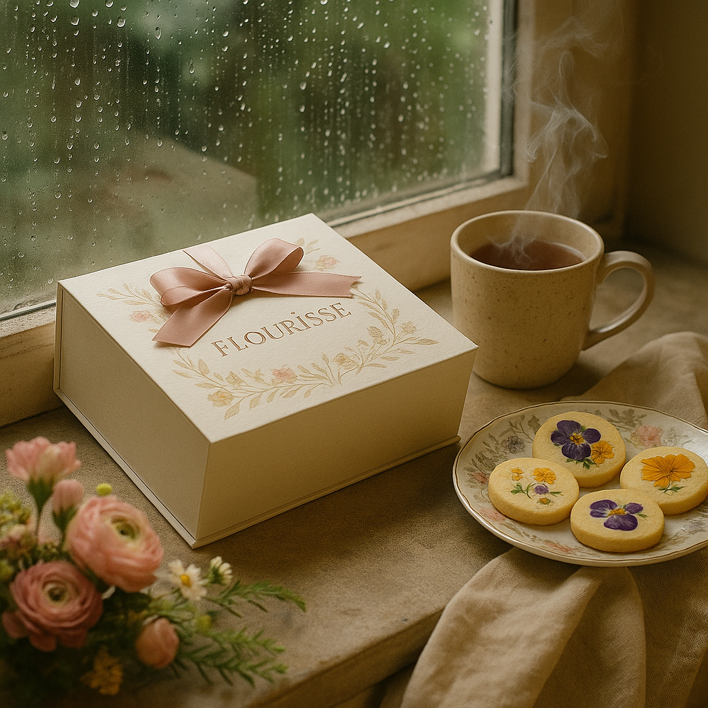 A gift box labeled 'FLOURISSE' with a pink ribbon, a steaming cup of tea, a plate of cookies decorated with flower designs, and a small bouquet of pink flowers on a windowsill.