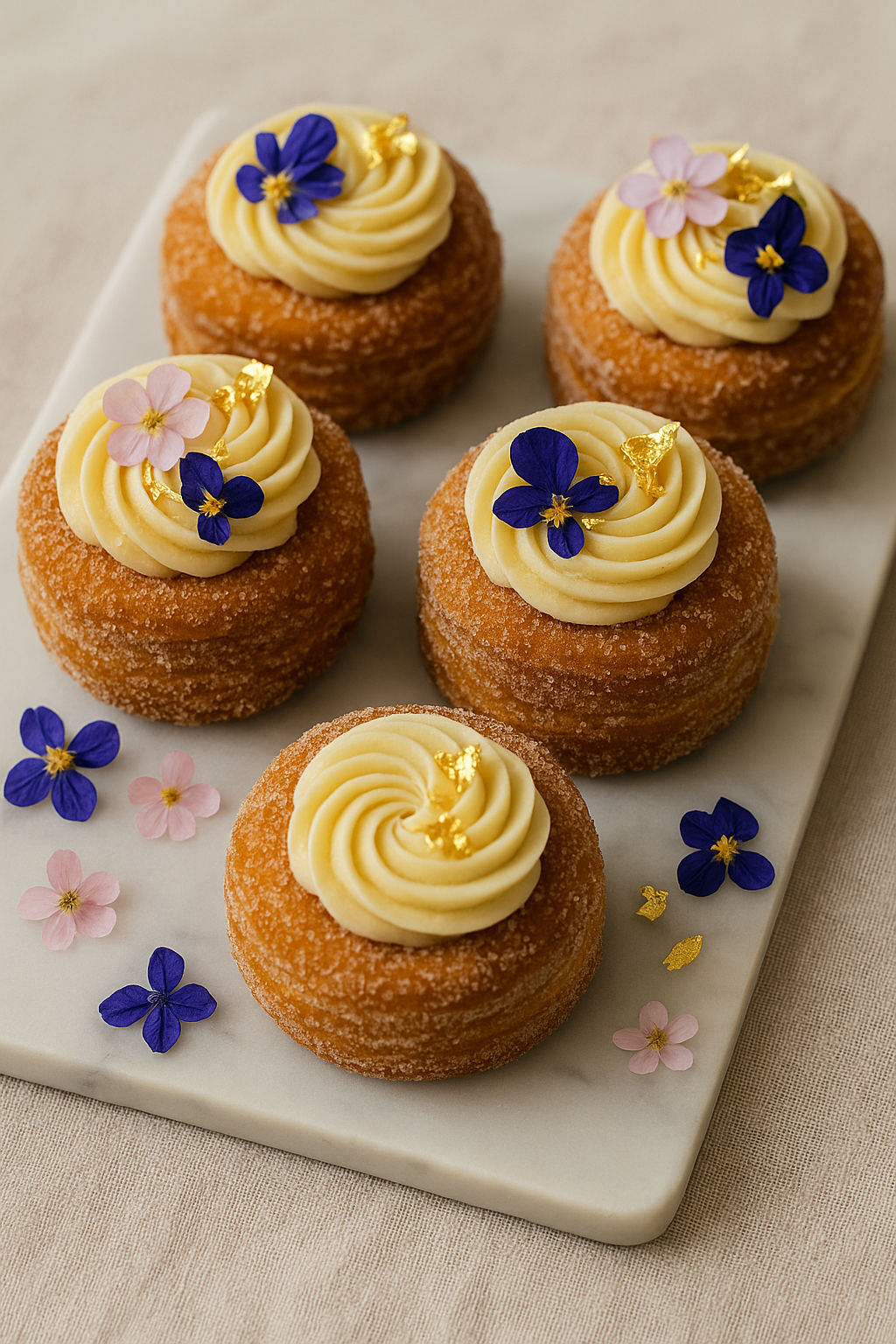 Six sugar-coated donuts topped with swirls of vanilla frosting, garnished with small pink and purple edible flowers and gold leaf, arranged on a white marble serving platter with additional flowers scattered around.