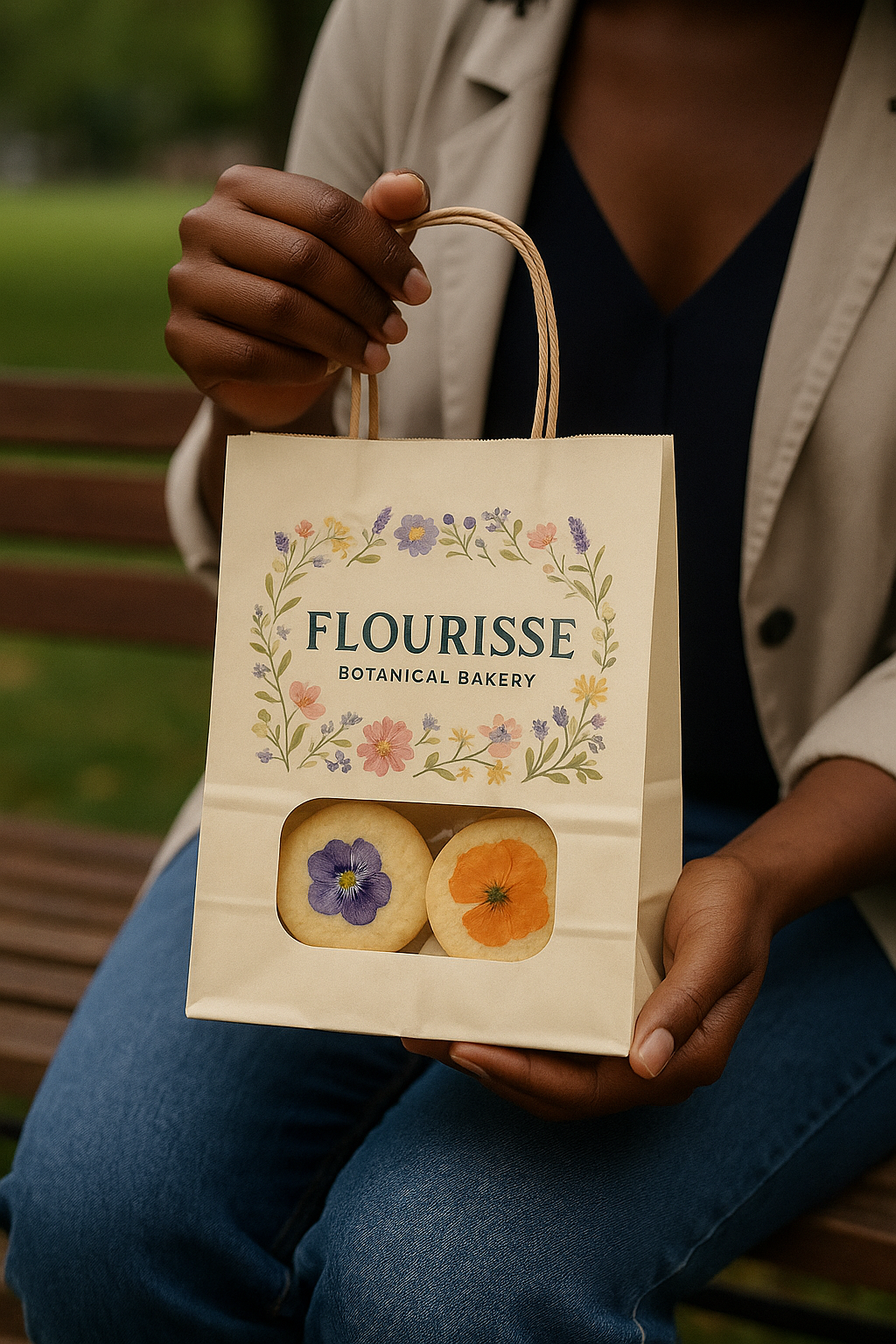 Person holding a paper bag with the branding 'Flourisse Botanical Bakery' and images of cookies decorated with edible flowers, outdoors with a park bench in the background.
