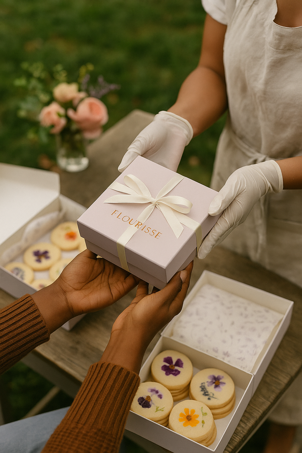 Person in white gloves handing a pink box labeled 'FLOURISSE' to another person at a table with decorated cookies and a flower arrangement in the background.