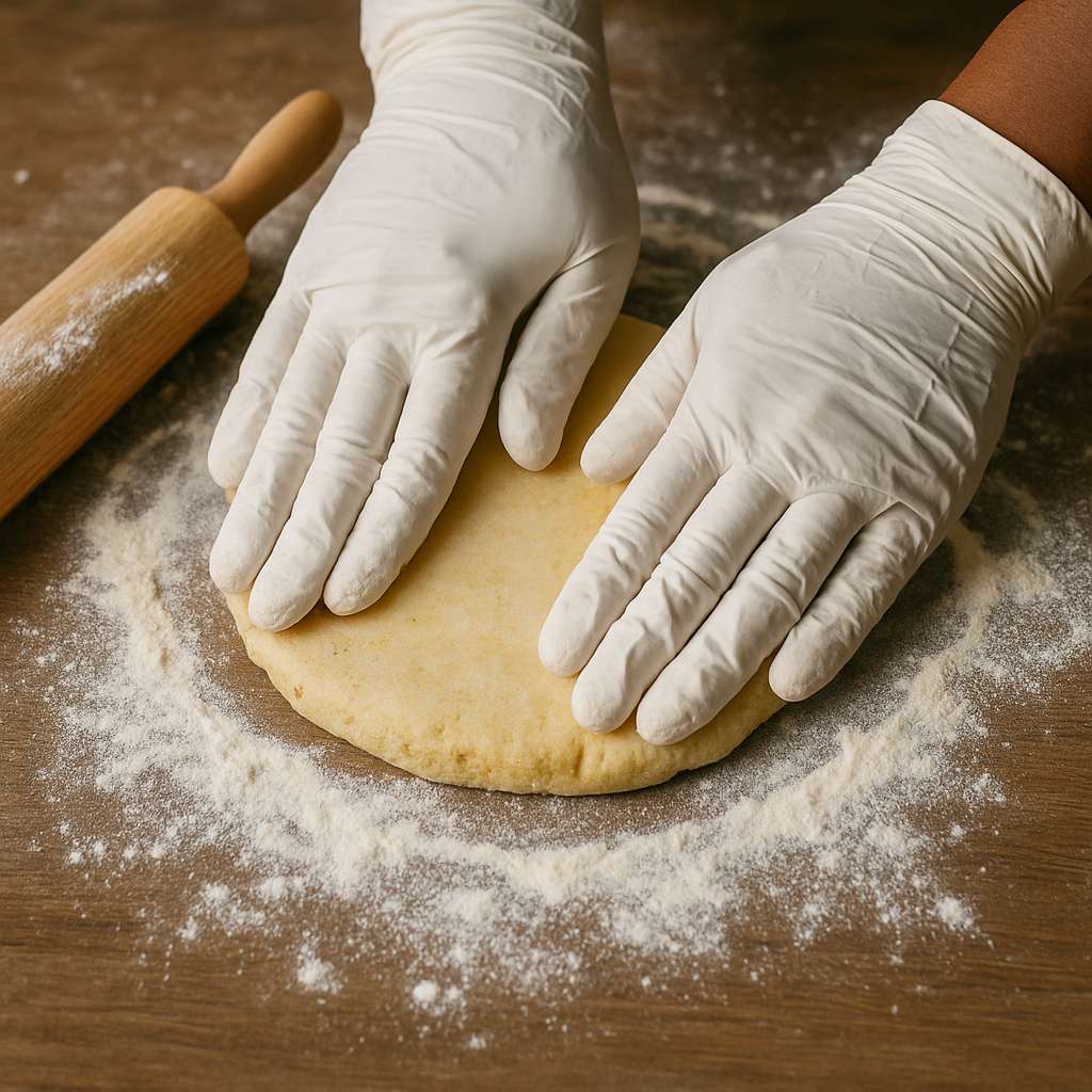 Hands in white gloves pressing dough with a rolling pin and flour on a wooden surface.