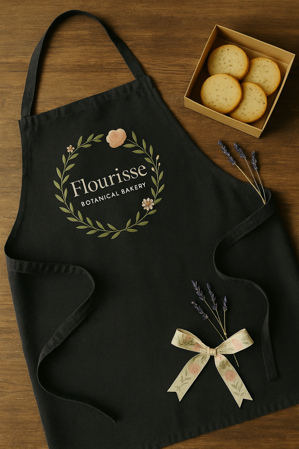 A black apron with the logo 'Flourisse Botanical Bakery' surrounded by a wreath of green leaves and pink flowers, alongside a box of four round cookies, some sprigs of lavender, and a decorative ribbon with a floral pattern on a wooden surface.