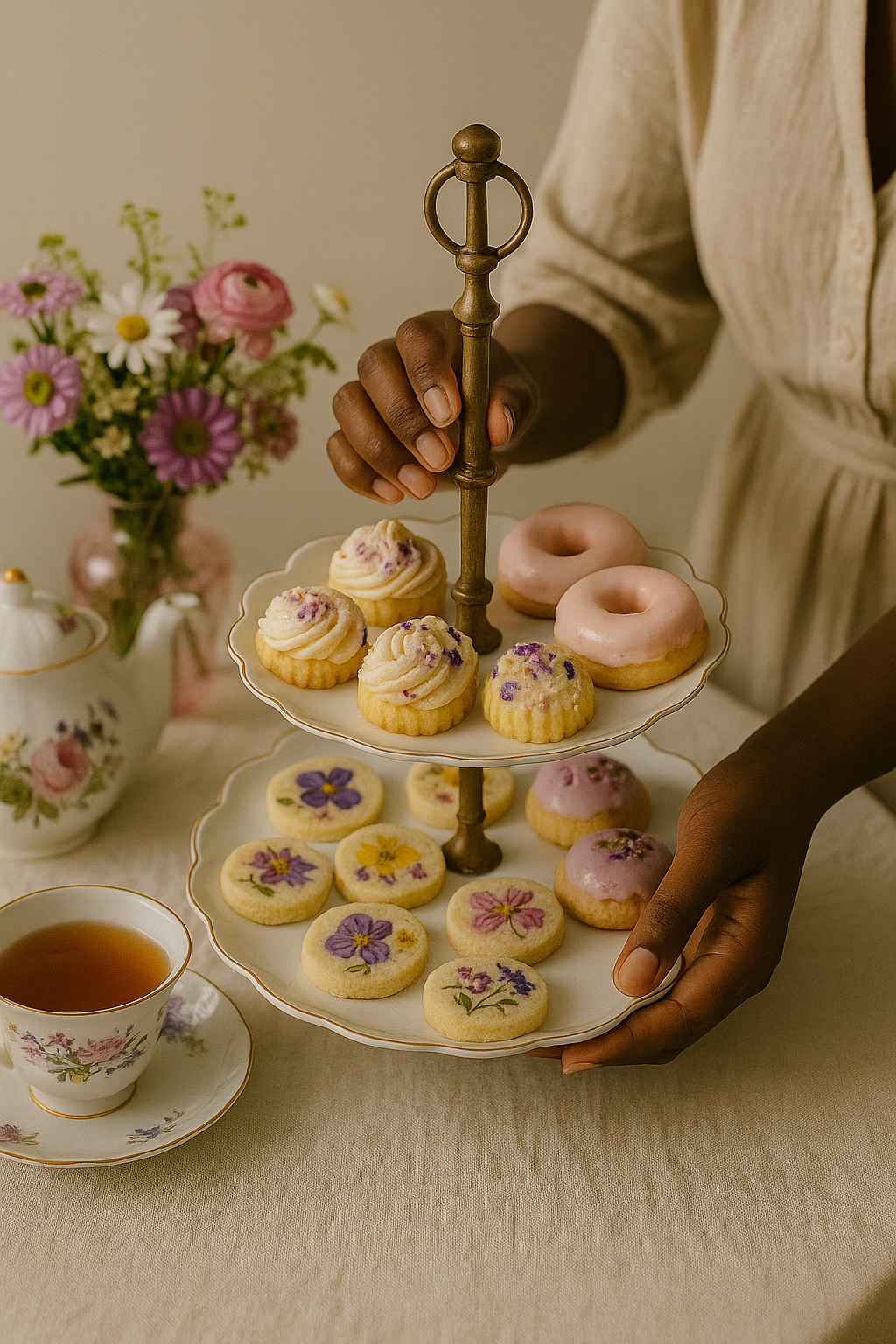 A person placing cupcakes decorated with flowers on a tiered serving stand, with a floral teapot and cup of tea on a table.