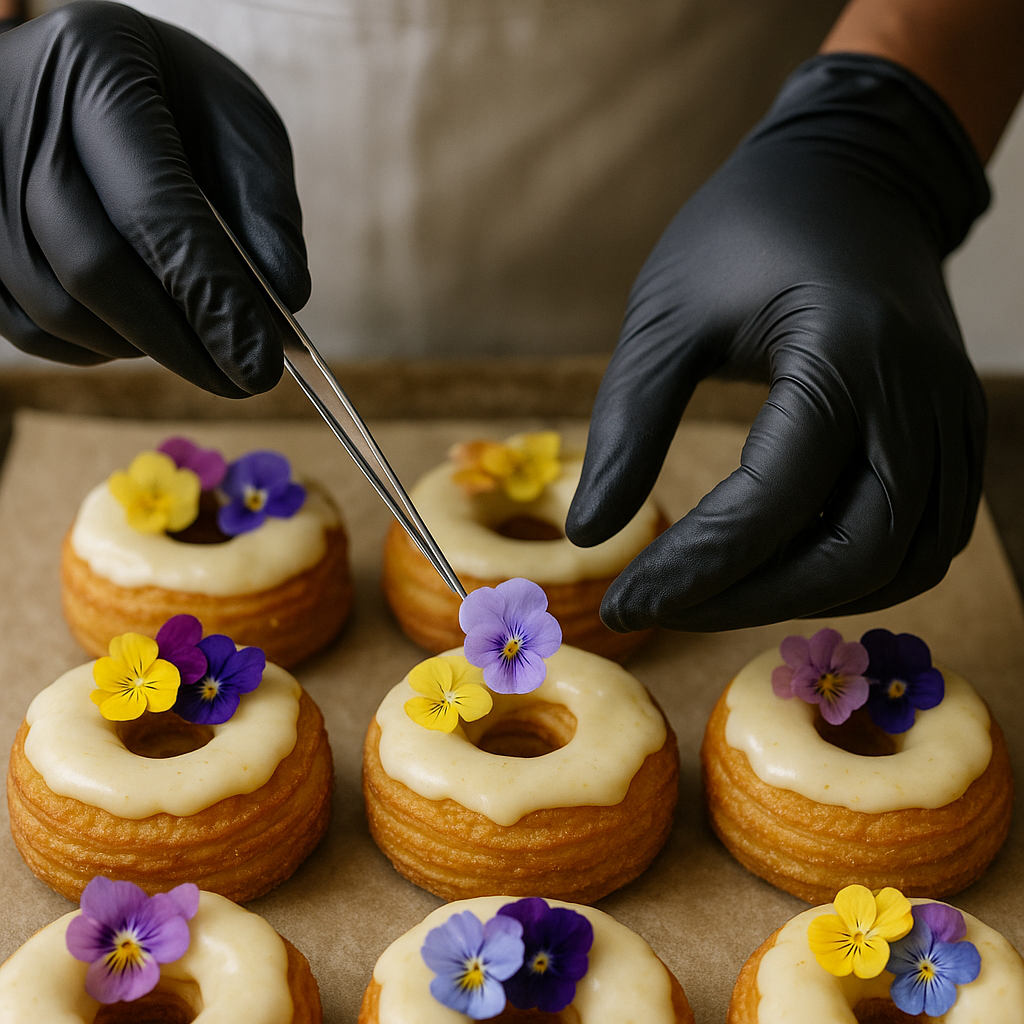 Hands wearing black gloves decorating donuts with edible flowers using tweezers.