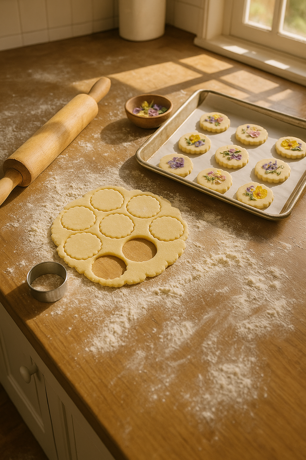 A wooden kitchen countertop with flour dusted on the surface. There is a rolling pin, a circle cookie cutter, a baking tray with cookies decorated with colorful edible flowers, and cookie dough rolled out with cut-out shapes ready to be baked. Sunlig