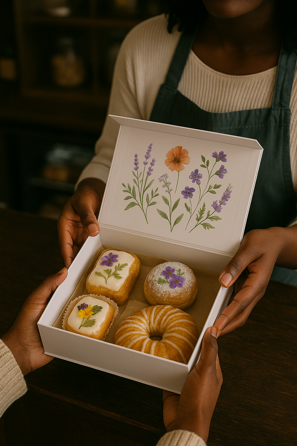 A person in a dark apron presents a white box of decorated baked goods, including a glazed doughnut, square cookies with floral icing, and a round pastry, with floral illustrations inside the lid.