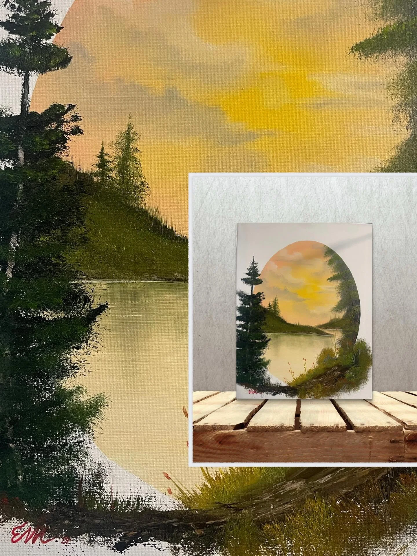 OBRA #56
“Golden Serenity”
14x18
Oil on Canvas
This painting instantly brings me a feeling of warmth and tranquility. The intense, beautiful light of the sunset captured within the oval creates such a powerful, serene focal point. The wa