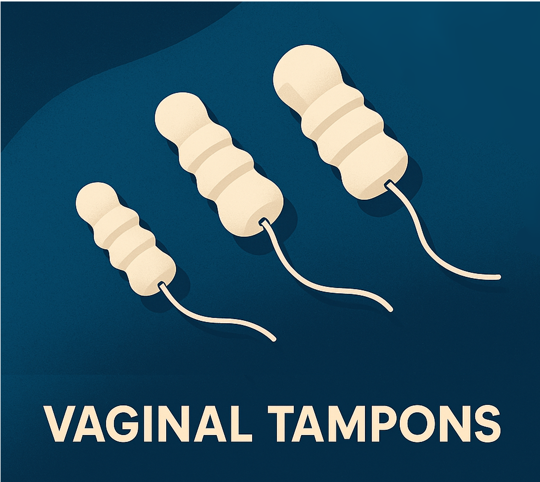 Illustration von drei Vaginaltampons gegen einen blauen Hintergrund, unter dem Text 'Vaginal Tampons'.