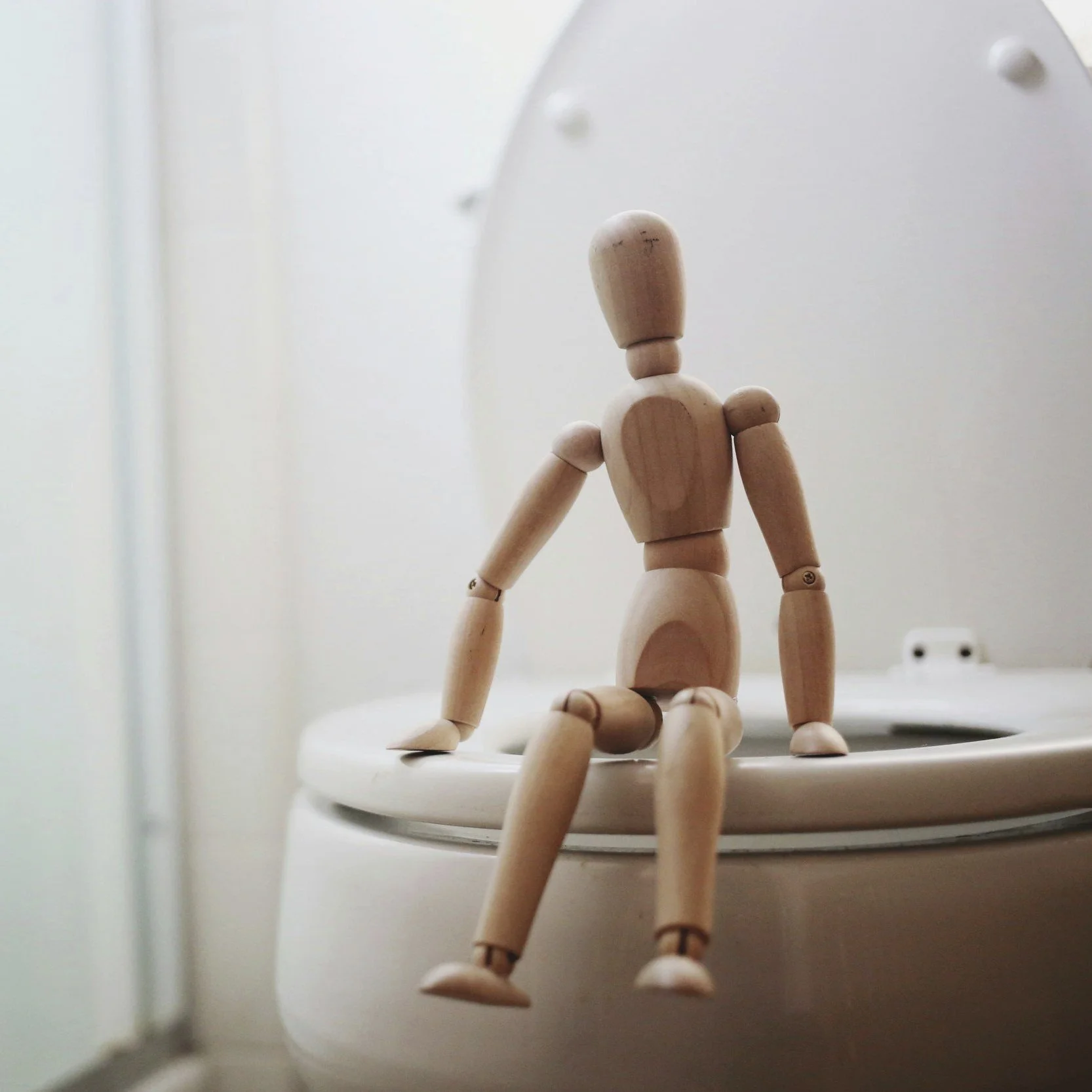 Hölzerne Puppe sitzt auf einem WC