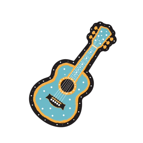 A sticker of a blue acoustic guitar with orange outlines and white dots, illustrated in a cartoon style.